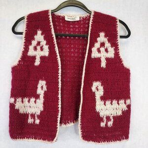 Vintage Kingsley Crochet Vest Womens S Wool Red White Aztek Bird Handmade Hippie